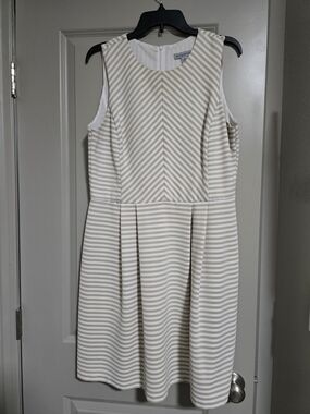 Danny & Nicole Sleeveless Striped Fit-and-Flare Dress in Beige and White